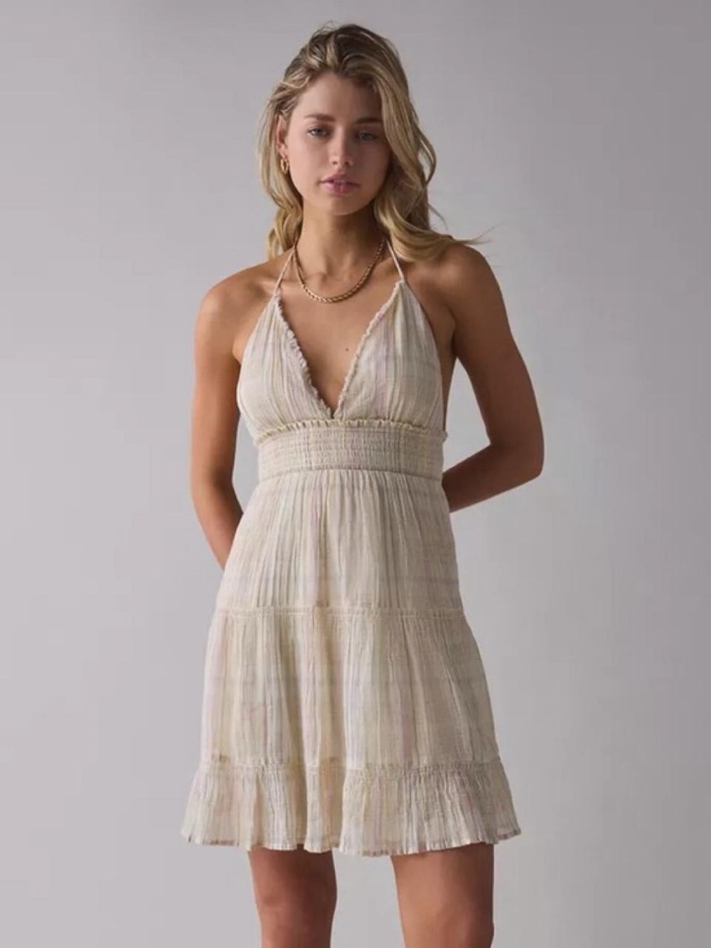 Urban Outfitters Light Cream Halter Smocked Waist Mini Dress